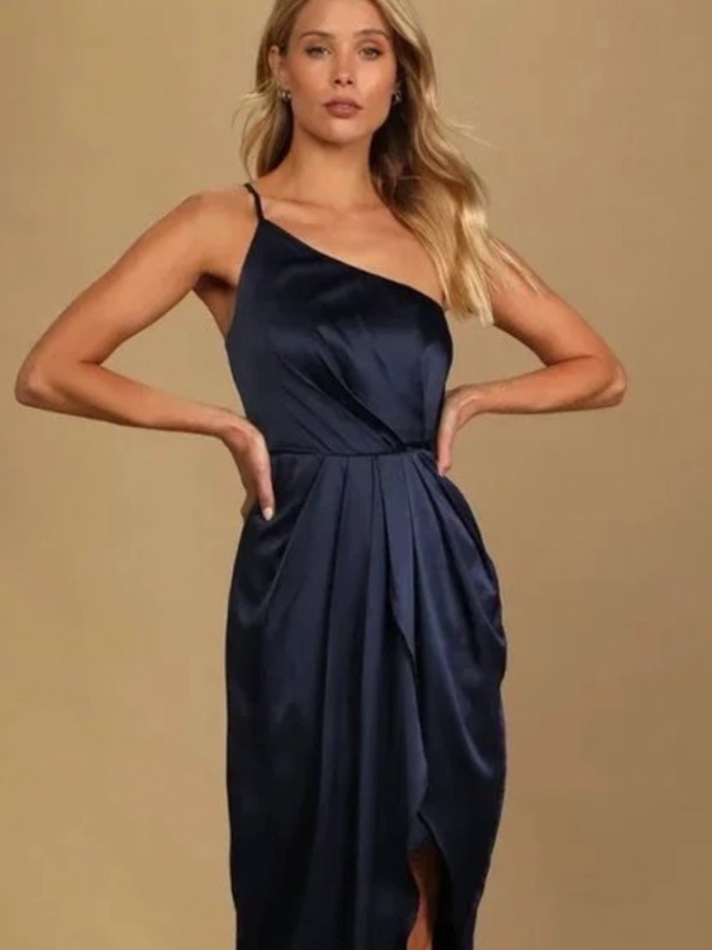 Lulus One-Shoulder Navy Satin Dress